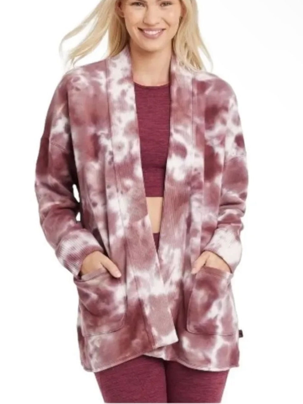JOY LAB French Terry Tie Dye Maroon Open Oversized Cardigan Size S